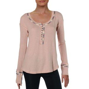 Free People Pink Henley Thermal Top Contrast Trim